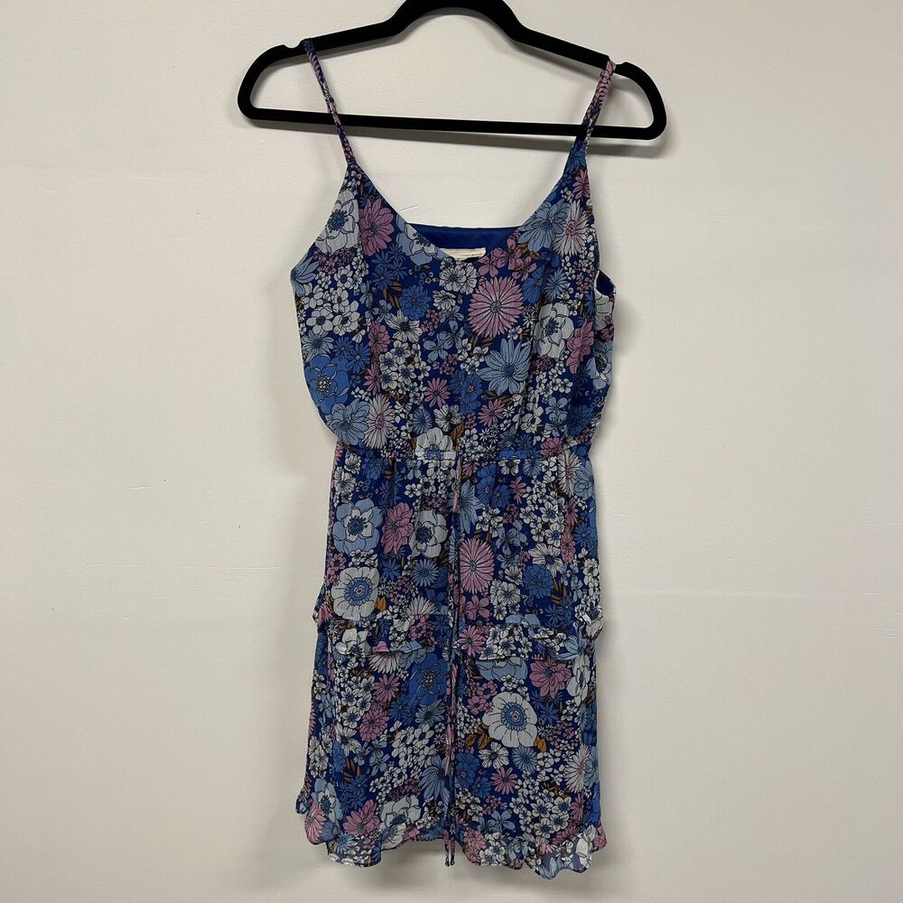 General Good Floral Tiered Mini Dress S Blue Spaghetti Strap Cottagecore Boho